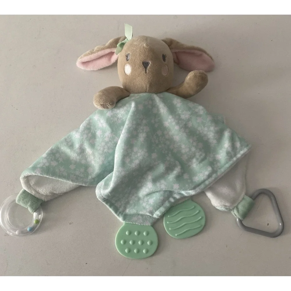 Modern Baby Snuggle Blankie Lovey Security Blanket Green White Bunny Teether